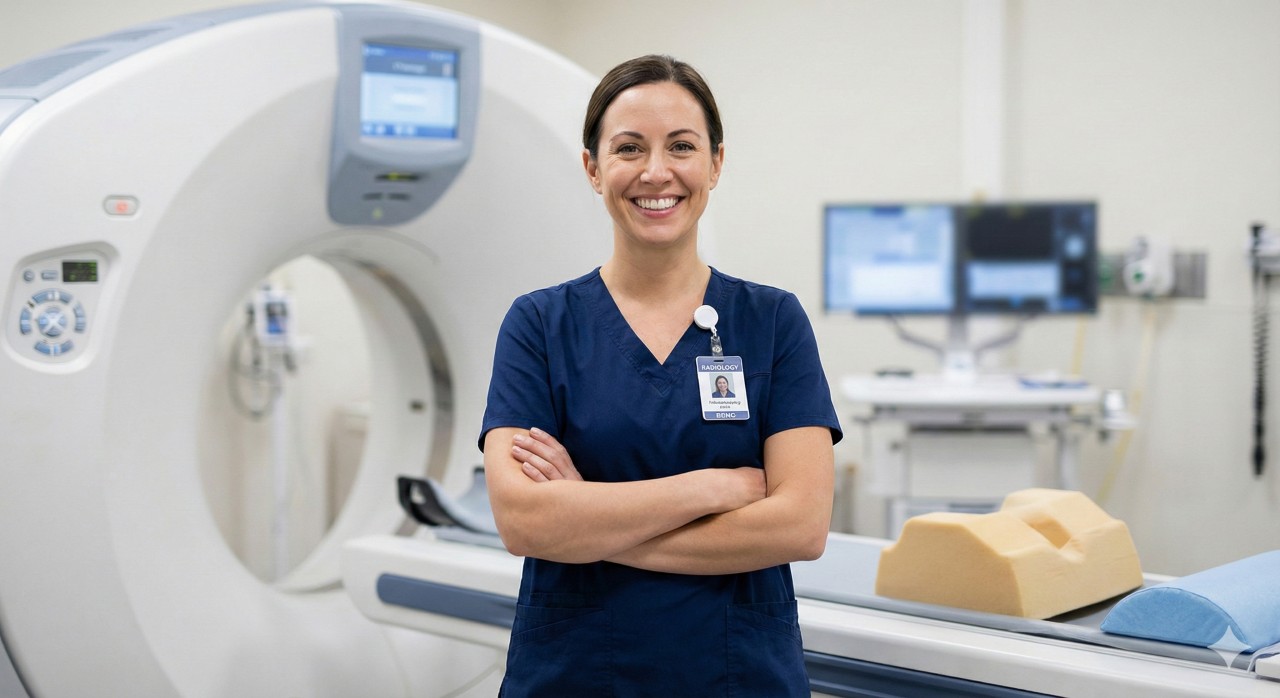 CT Tech standing in front of machine