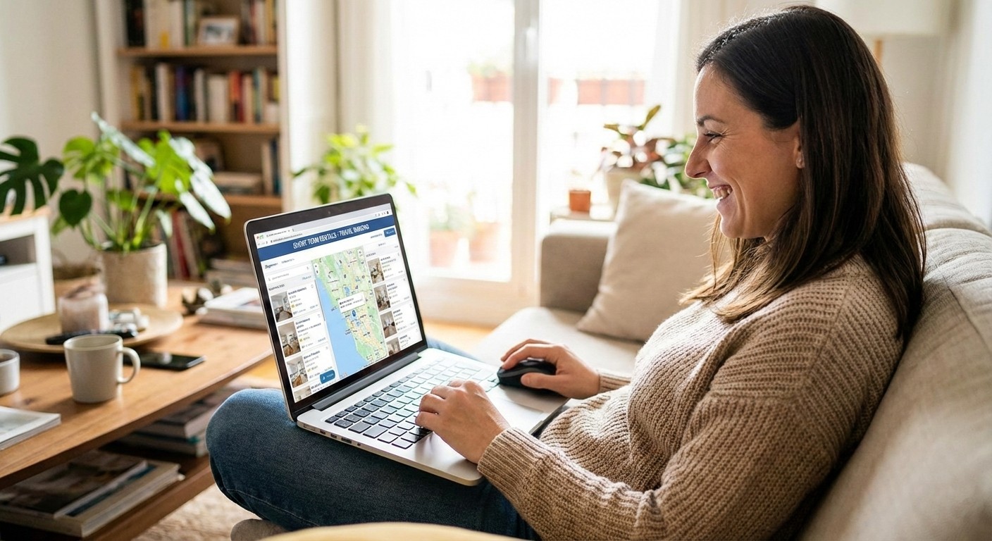 woman on couch searching rental listings on laptop
