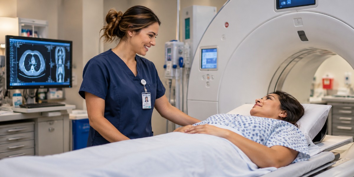 female CT tech with patient